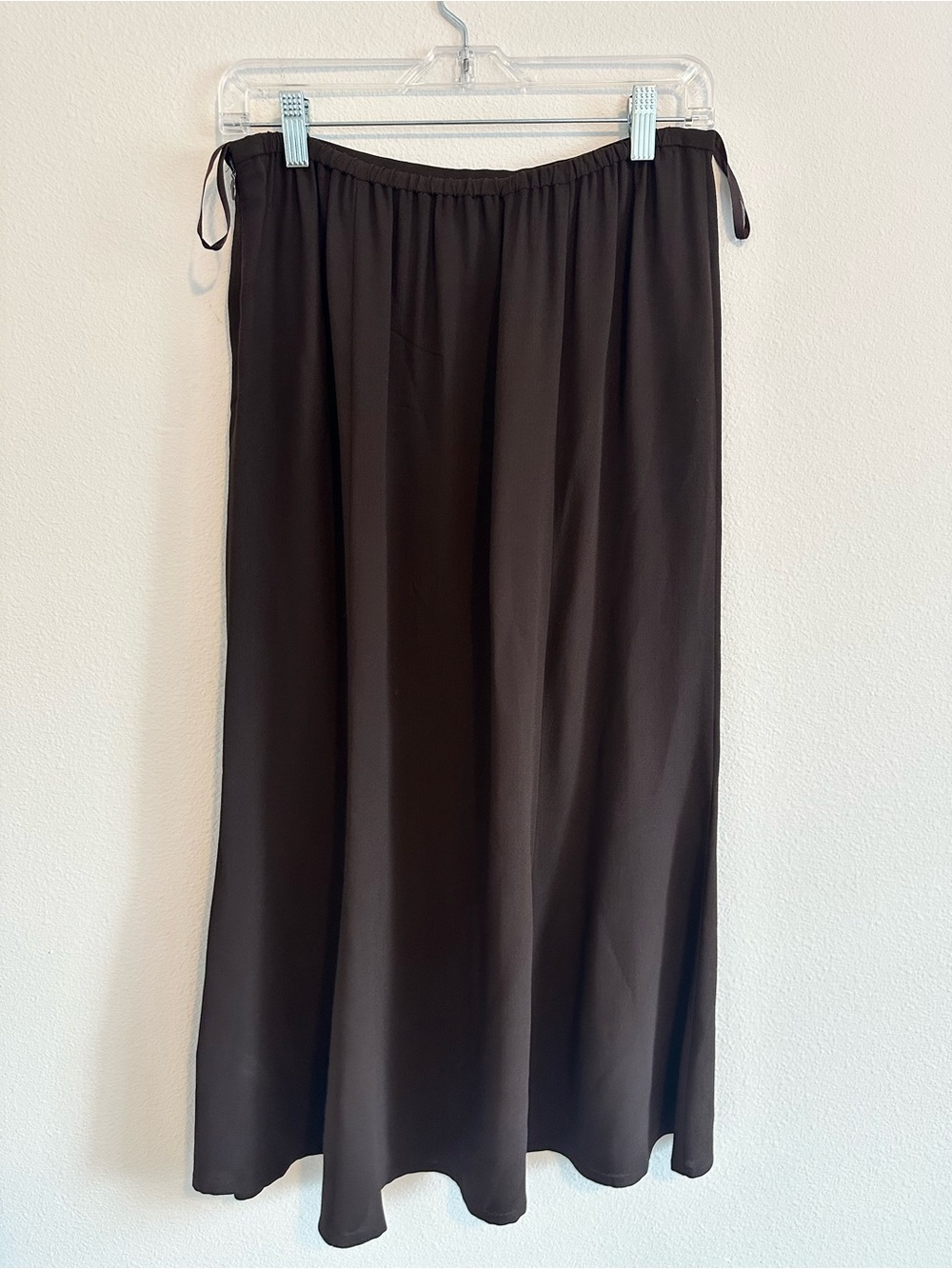 Eileen Fisher Espresso Brown Silk Georgette Crepe Midi Skirt Size S Minimalist